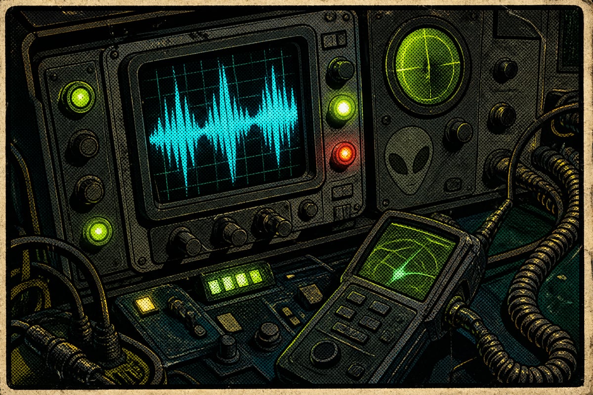 Oscilloscope and signal gear glowing cyan and lime in heavy comic ink
